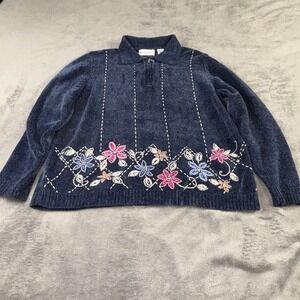 Alfred Dunner Blue Chenille Pullover Sweater Floral Embroider Quarter Zip size L
